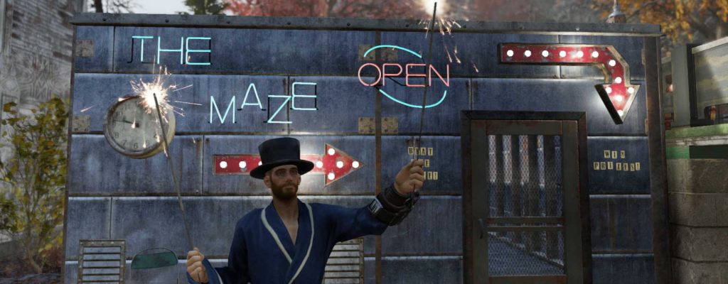 Fallout 76 guy in robe and cylinder is applying a maze title