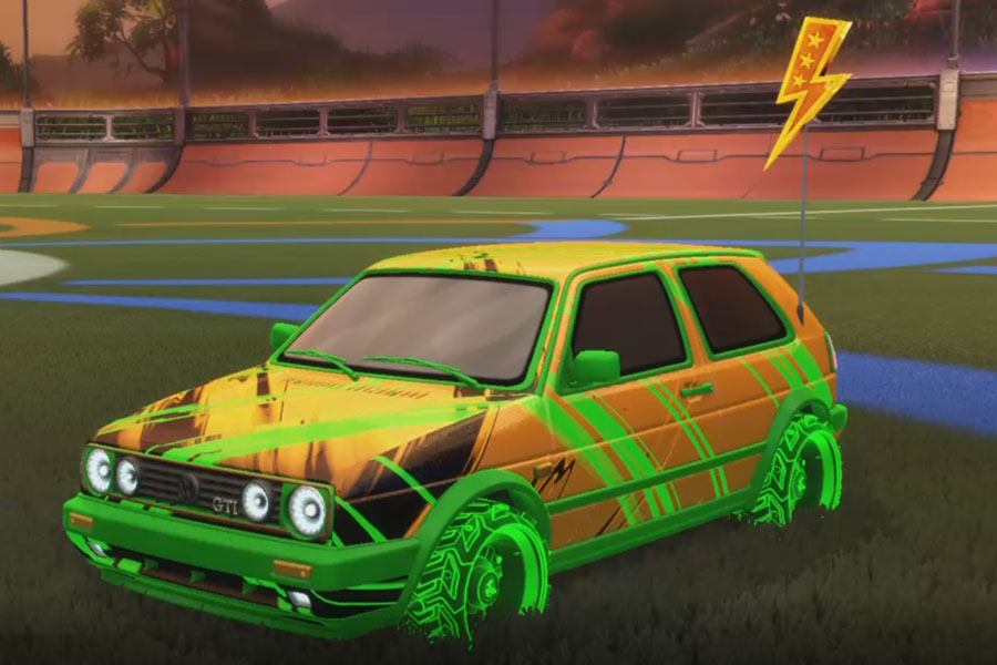Rocket league Volkswagen Golf GTI Forest Green design with Ruinator:Inverted,Proton,Lightning Bolt,Slipstream,Classic,Lightning