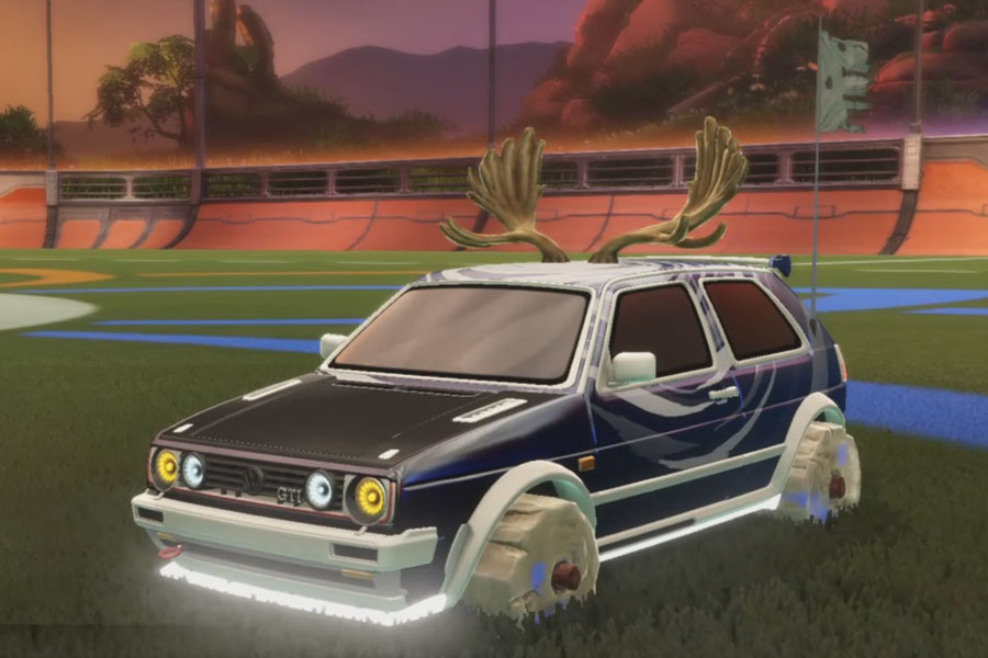 Rocket league Volkswagen Golf GTI Titanium White design with Rocko,Toon Sketch,White Flag,Storm Watch,Antlers,Classic,Discotheque