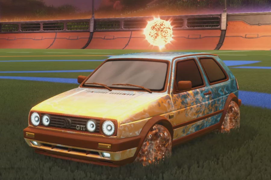 Rocket league Volkswagen Golf GTI Burnt Sienna design with School'd,Timeline,Dissolver,Corbital,Classic,Warp Wave