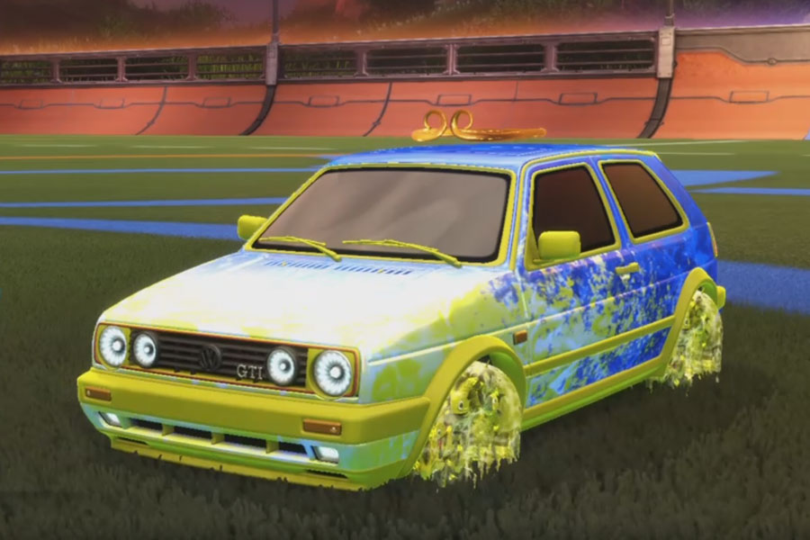 Rocket league Volkswagen Golf GTI Saffron design with School'd,Corbital,Dissolver,Circlet,Classic,Warp Wave