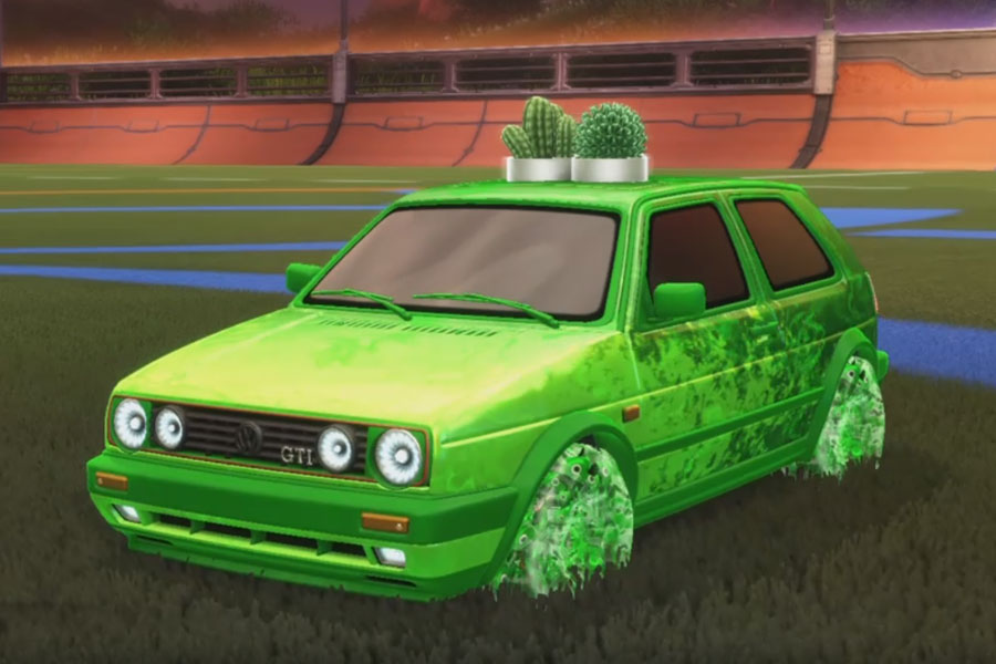 Rocket league Volkswagen Golf GTI Forest Green design with School'd,Grass,Dissolver,Succulents,Classic,Flame Chain