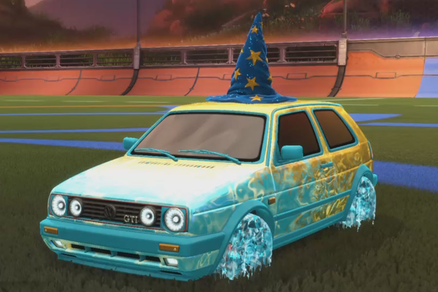 Rocket league Volkswagen Golf GTI Sky Blue design with School'd,Accelerato,Dissolver,Wizard Hat,Classic,Fissure