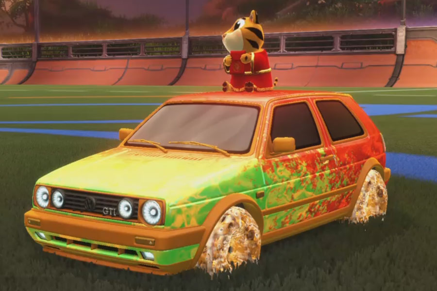 Rocket league Volkswagen Golf GTI Orange design with School'd,Money,Dissolver,Tiny Tiger,Classic,Discotheque