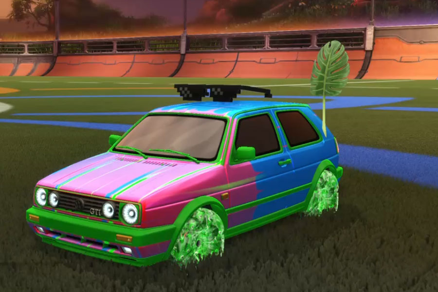 Rocket league Volkswagen Golf GTI Forest Green design with School’d,Dimensionator,leaf,Wet paint,Pixelated shades,Classic,Dimensionator
