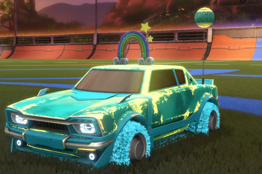 Rocket league Dingo Sky Blue design with Green Machine,Flowers,Retro Ball - Utopia,Fire God,Rainbow,Binary