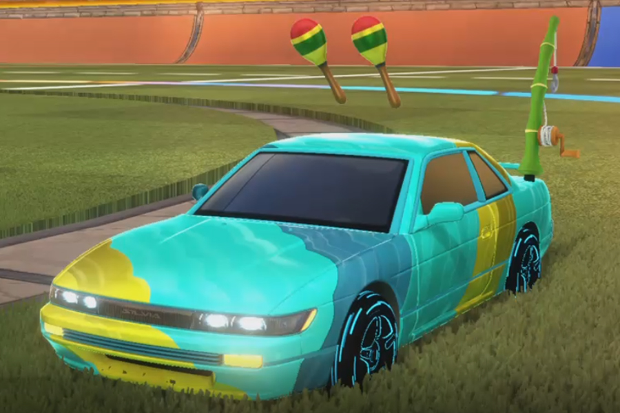 Rocket league Nissan Silvia Sky Blue design with Estrella:Prismatic,Pyrotechnix,Fishing rod,Ebb’n Flow,Maracas,Smoketrail
