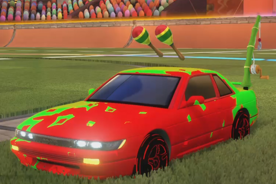 Rocket league Nissan Silvia Crimson design with Estrella:Prismatic,Pyrotechnix,Fishing rod,Slish - Slosh,Maracas,Smoketrail