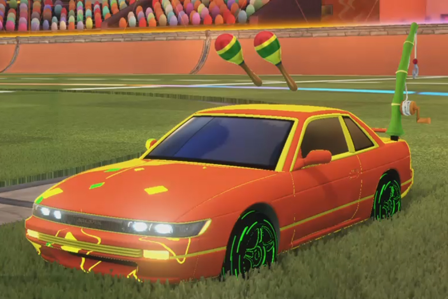 Rocket league Nissan Silvia Saffron design with Estrella:Prismatic,Pyrotechnix,Fishing rod,Slish - Slosh,Maracas,Smoketrail
