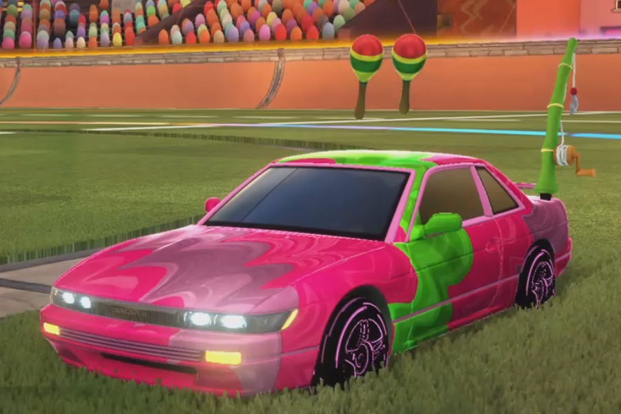 Rocket league Nissan Silvia Pink design with Estrella:Prismatic,Pyrotechnix,Fishing rod,Ebb’n Flow,Maracas,Smoketrail