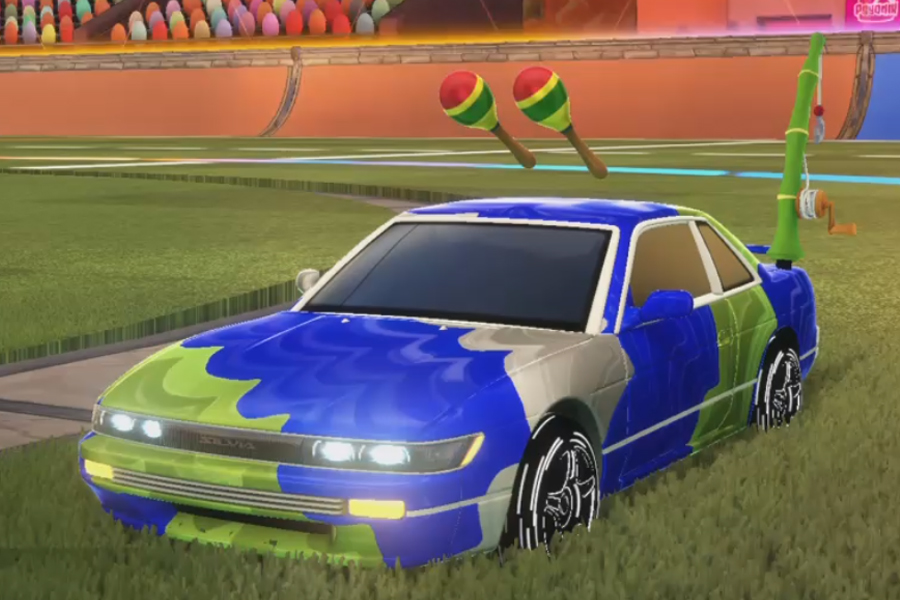 Rocket league Nissan Silvia Titanium White design with Estrella:Prismatic,Pyrotechnix,Fishing rod,Ebb’n Flow,Maracas,Smoketrail