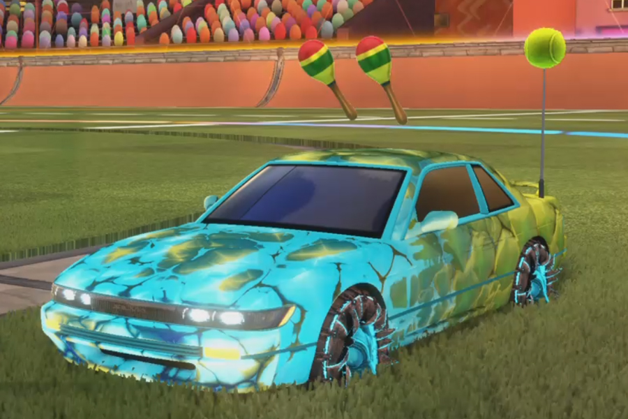 Rocket league Nissan Silvia Sky Blue design with Jacana,Timeline,Tennis Ball,Chameleon,Maracas,Lightning