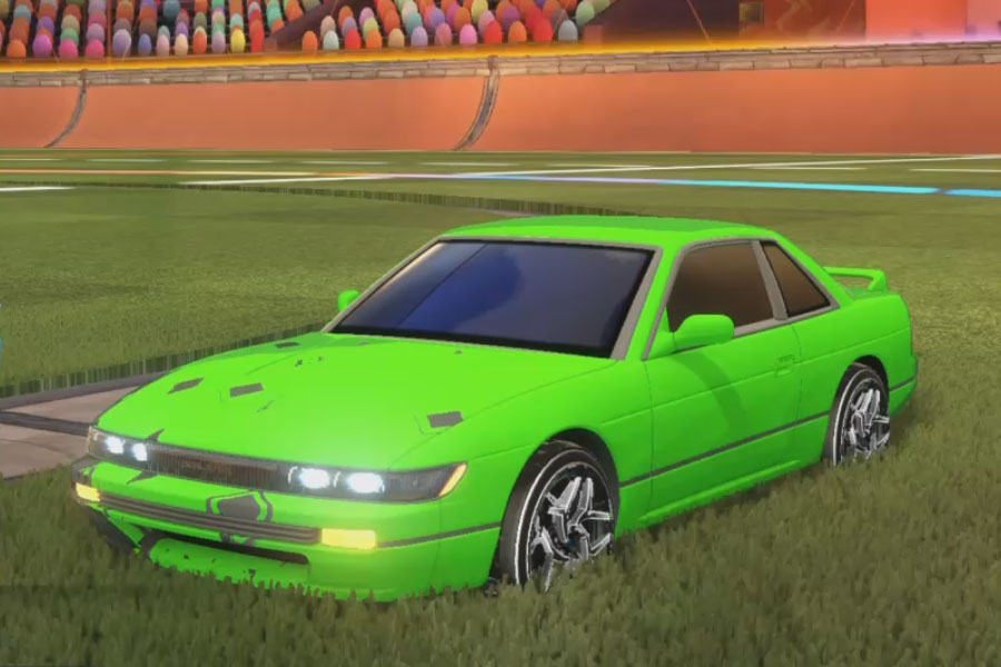 Rocket league Nissan Silvia Grey design with Halcyon:Revolved,Pyrotechnix,Slish-Slosh,Smoketrail