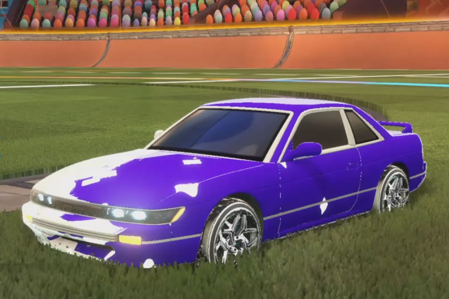 Rocket league Nissan Silvia Titanium White design with Halcyon:Revolved,Pyrotechnix,Slish-Slosh,Smoketrail