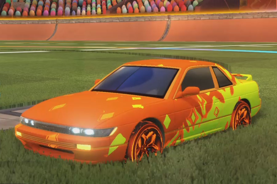 Rocket league Nissan Silvia Orange design with Halcyon:Revolved,Pyrotechnix,Slish-Slosh,Smoketrail